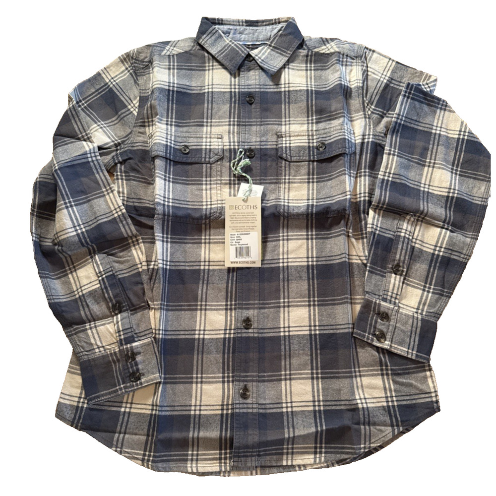 Ecoths - 100% Cotton Small Sage Blue Plaid Long Sleeve Men’s Hayward Shirt